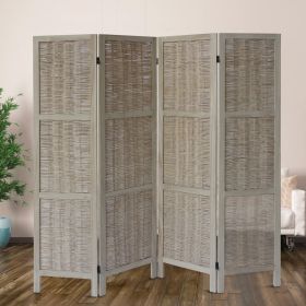 67 Inch Paulownia Wood 4 Panel Divider Screen; Woven Willow Design; Light Brown; DunaWest