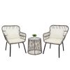 3-Piece Patio Wicker Conversation Bistro Set with 2 Chairs & Glass Top Side Table & Cushions Tan