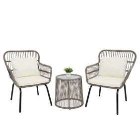 3-Piece Patio Wicker Conversation Bistro Set with 2 Chairs & Glass Top Side Table & Cushions Tan