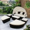 Outdoor rattan daybed sunbed with Retractable Canopy Wicker Furniture, Round Outdoor Sectional Sofa Set, black Wicker Furniture Clamshell Seating with