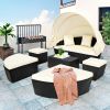 Outdoor rattan daybed sunbed with Retractable Canopy Wicker Furniture, Round Outdoor Sectional Sofa Set, black Wicker Furniture Clamshell Seating with