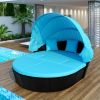 Outdoor rattan daybed sunbed with Retractable Canopy Wicker Furniture, Round Outdoor Sectional Sofa Set, black Wicker Furniture Clamshell Seating with