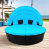 Outdoor rattan daybed sunbed with Retractable Canopy Wicker Furniture, Round Outdoor Sectional Sofa Set, black Wicker Furniture Clamshell Seating with